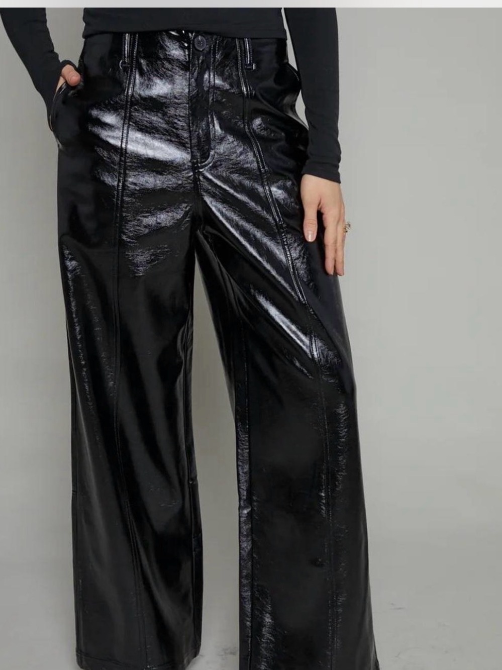Free People Black Patent Wide-Leg Trousers